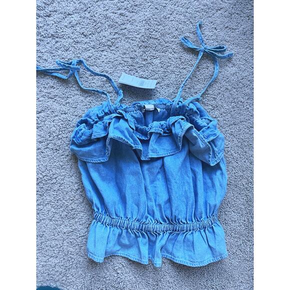 NWT American Eagle Denim Ruffle Tie Tank Top XS Blue Cottagecore Chambray Fall - Picture 3 of 4